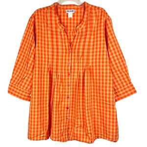 Blair Blouse Women's Plus Size Orange 3/4 Sleeves Check Pleats Button Front Tops